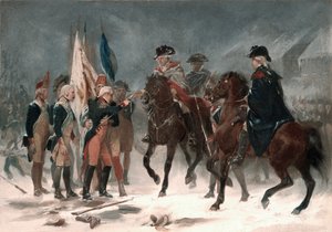 1758年12月26日，特伦顿战役中的拉尔上校投降，1858年（纸板上的油）