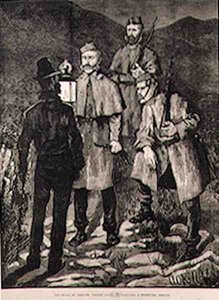 爱尔兰国家：警察巡逻队在1881年6月8日的伦敦新闻画报中挑战一名被怀疑的人 作者 Aloysius C. OKelly