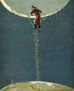 Baron Munchausen通过土耳其豆植物登上月球，来自Rudolf Erich Raspe（1736-94）的“The Baron Munchausen”历险记，发表于1866年