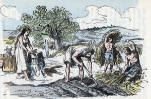 史前时代的日常生活：铁器时代的农业劳动场景 1881 年伦加德《自然与人类》中的雕刻 私人收藏