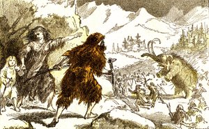 史前--捕食猛犸象。冰河时期：自然造物和生物。A. Demarle 绘制。1885
