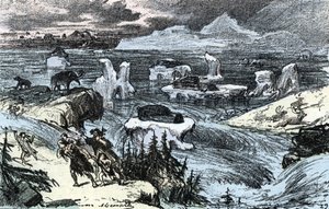 史前时期； 冰河时代末期中欧的洪水 伦加德《自然与人》版画 1881 年 私人收藏 作者 阿方斯·德马尔