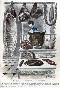 冷盘视图 A 半块猪肉（火腿 b 肋条和胸肉） B 新鲜火腿 C 熏火腿 D 香肠和谷物 F 胡尔 G 博洛尼亚熟肉肠 H 火腿 I 猪奶酪 K 猪脚 L 舌头酿的三明治 N 布丁） （熟食店、传统法式小食 作者 阿方斯·德马尔
