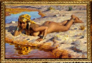 在河谷的边缘。 Etienne Dinet (1861-1929) 的绘画