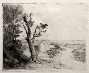 与稻草堆的风景。 作者 阿方斯·莱格罗斯（Alphonse Legros）