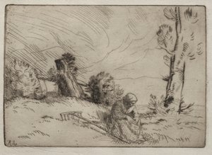 坐在树篱旁的农妇 作者 阿方斯·莱格罗斯（Alphonse Legros）
