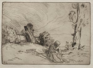 在树篱附近安装的农民妇女。 作者 阿方斯·莱格罗斯（Alphonse Legros）