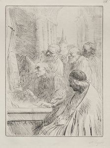 教堂里的僧侣。 作者 阿方斯·莱格罗斯（Alphonse Legros）