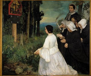 前投票妇女（身着传统服装布列塔尼人？）聚集在前投票前。 Alphonse Legros (1837-1911) 1860 年作画。 1,74x1,97 m 第戎，美术博物馆 作者 阿方斯·莱格罗斯（Alphonse Legros）