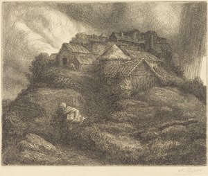 暴风雨中的圣皮埃尔村（Village de Saint-Pierre; Storm effect）。 作者 阿方斯·莱格罗斯（Alphonse Legros）