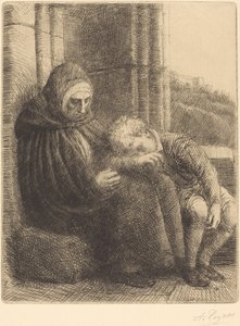 妇女靠墙而坐，孩子把头放在她的腿上（Femme assise, muraille au fond, enfant la tete dans son giron 作者 阿方斯·莱格罗斯（Alphonse Legros）