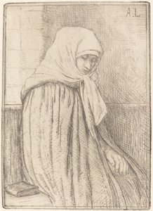 坐在教堂里的青年农民 (Jeune paysanne assise dans une eglise) 作者 阿方斯·莱格罗斯（Alphonse Legros）