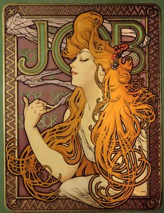 为香烟“Job”纸牌做广告，Alphonse Mucha (1860-1939) 的平版印刷，插画家 tchecoslovaque 作者 阿方斯·慕夏