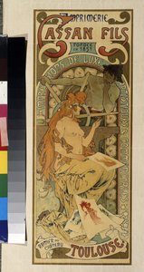 图卢兹印刷公司 "Cassan Fils, impression de luxe, artistiques et commerciales "的广告海报。阿方斯-玛丽亚-穆查（Alphonse Marie Mucha）的海报