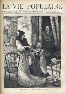 一个老人惊喜的英勇场景：一个男人跪在一个优雅的女人面前，把一个手镯系在他的手腕上。插图：阿尔方斯-玛丽-穆夏（Alphonse Marie Mucha 作者 阿方斯·慕夏
