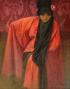 红衣女孩，阿尔方斯-玛丽(1860-1939)，约1914年--布面淡彩画，60.5x47--私人收藏 作者 阿方斯·慕夏