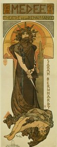 莎拉·伯恩哈特（Sarah Bernhardt）作为文艺复兴时期剧院的混血儿。 1898年（石版画）