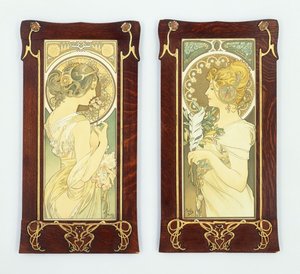 报春花和鹅毛笔；春季与羽毛，1899年 作者 阿方斯·慕夏