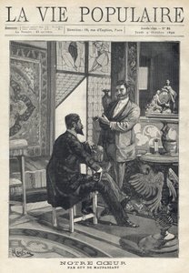 两个男人，一个坐着，另一个站着，面对面，在一个装饰丰富的客厅里（彩色玻璃窗、家具、艺术品），正在充分交谈，抽着烟。插图：阿尔方斯-玛丽-穆夏（Alphonse Marie Mucha 作者 阿方斯·慕夏