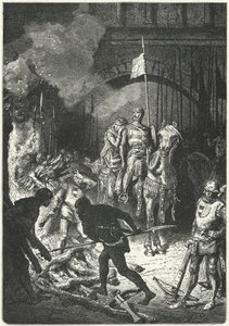 El Cid 在他的妻子 Dona Jimena 的陪同下，负责监督瓦伦西亚摩尔国王艾哈迈德的葬礼柴堆的建造