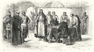 在托莱多第三次会议上宣布天主教为西班牙哥特王国的宗教，589年（雕刻）。