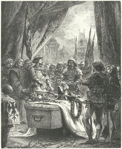 Chateauneuf de Randon 的指挥官将城镇的钥匙放在 Bertrand du Guesclin 的棺材上