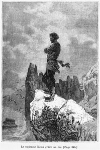 由Neles Theophile Hildibrand（1824-97）刻印的Nemo上尉攀登一块岩石，插图来自&39;20,000海底联盟&39;，由Hetzel雕刻，1828年出版（b