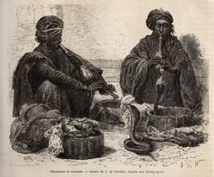 Les chareurs de serpents，交易爬行动物，他们通过吹他们的 toumril（长笛）来吸引爬行动物，在 A. de Neuville 的画后雕刻，描绘了 1864-1868 年由 Louis Rousselet 出版的 Rajahs 到印度的航行 在“”乐游 作者 阿方斯·玛丽·德·诺伊维尔