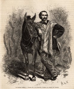 Portrait of Dr. Saffray, arms on his mount, in travel dress, engraving after the drawing of A. de Neuville, illustrating the voyage to New Granada, by Dr. Saffray, in 1869, published in “” Le tour du monde””” 1873, edited by Edouard Charton, Hachette editi 作者 阿方斯·玛丽·德·诺伊维尔
