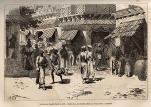 Chandni Chowk的十字路口，金蚕街，商业和手工业活动的主要场所，从宫殿的大门外到拉合尔的门外，根据A. de Neuville的绘图雕刻，说明了航行的情况。