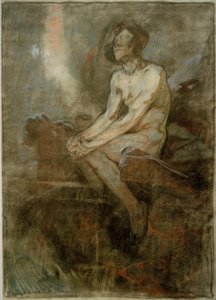 Männlicher Akt auf einem Felsen sitzend 作者 阿方斯·慕夏