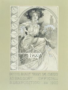 1900年巴黎国际展览会的官方宴会。菜单设计。 作者 阿方斯·慕夏