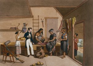 帝汶的Coupang房子的内部，来自&39;世界环绕的Urania 1817-20护卫舰之旅&39;，由Lerouge和Forget雕刻，1825年出版