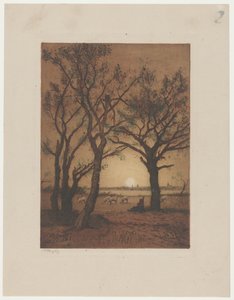 夕阳下的羊群景观
德伦特傍晚的羊群景观 作者 Alphonse Stengelin（艺术家签名）