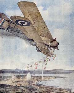 加布里埃尔-达农西奥（1863 - 1938 年）的《飞越的里雅斯特》：1915年8月，他在殉难城市上空飞行并投下传单。由 Ambrogio Lombardi 绘制。