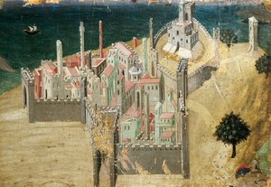 海边的城市，安布罗吉奥·洛伦泽蒂（Ambrogio Lorenzetti，1290-ca 1348）木上的蛋彩和黄金，22.5x33.5 厘米 作者 安布罗乔·洛伦泽蒂