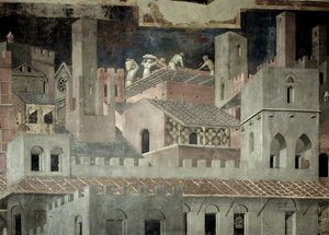 Effects of Good Government in the City, detail of architecture and construction of a house 作者 安布罗乔·洛伦泽蒂