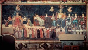 好政府和坏政府对城市和乡村的影响（Allegoria del buon e del cattivogoveno）：代表好政府的细节（和平、Magnanimite、谨慎、节制、正义的寓言）。 Ambrogio Lorenzetti 的壁画（1290-1348）。