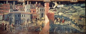 好政府和坏政府对城市和国家的影响。 城市的细节。 Ambrogio Lorenzetti 的壁画（1290-1348） 作者 安布罗乔·洛伦泽蒂