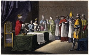 沃尔姆斯的集会。法国国王路易一世（Louis I the Debonnaire，778-840年），833年被他的三个儿子（洛泰尔、佩平和路易）存放起来，因为他想为他的第四个儿子（查尔斯，国王旁边的蓝色人物）重新装修他的王国。