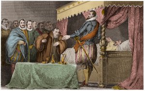 法国国王亨利三世（1551-1589）在临终前承认纳瓦拉的亨利（亨利四世）为其合法继承人 - 圣克卢，8月2日