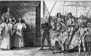 圣女贞德（1412-31）于1429年抵达兰斯，等待查理七世（1403-61）的加冕礼--查理七世被称为 "胜利者"（1403-1461）--英国人在奥尔良设立了席位，但圣女贞德提高了席位，交付了奥尔良，并带领国王重新开始。 作者 安布罗斯·塔迪厄（Ambroise Tardieu）
