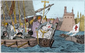 第七次十字军东征圣路易国王（1214-1270）和十字军于1249年6月围攻下埃及的达米耶特--第七次圣地十字军东征1248-50--圣路易九世（1214-70）率军作战--1825年《法国历史》中的雕刻作品。
