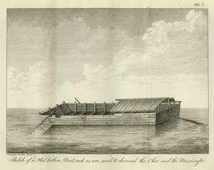 1826年出版的平底船的示意图，例如用于下降俄亥俄州和密西西比河的船 作者 安布罗斯·塔迪厄（Ambroise Tardieu）