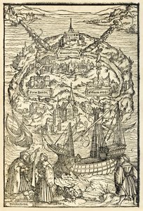 乌托邦新岛的地图，由托马斯·莫尔爵士（1478-1535）于1518年出版的“乌托邦”，于1516年首次出版。由Ambrosius Holbein（约1494-c.1519）创作的木刻展示了带有星球的岛屿
