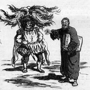 欢乐的拉伯雷看到古斯塔夫-多尔完全认同他笔下的男人。查姆的漫画。1月4日《世界画报》第821期上的版画。 作者 Amedee de Noe (占婆)