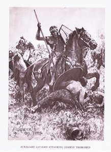 辅助骑兵攻击德国部落成员，插图来自罗马士兵，1928年