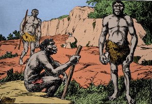 史前：罗得西亚人（Homo rhodesiensis）或破山人的代表，智人的祖先，其化石在罗得西亚（今非洲的赞比亚）被发现。由A. Forestier绘制。DR