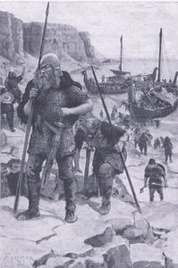 维京人发现美国，来自《我的杂志》，1922年出版（石印）。 作者 阿梅迪·福雷斯蒂尔