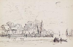 带驳船的河景，约1803年（钢笔）